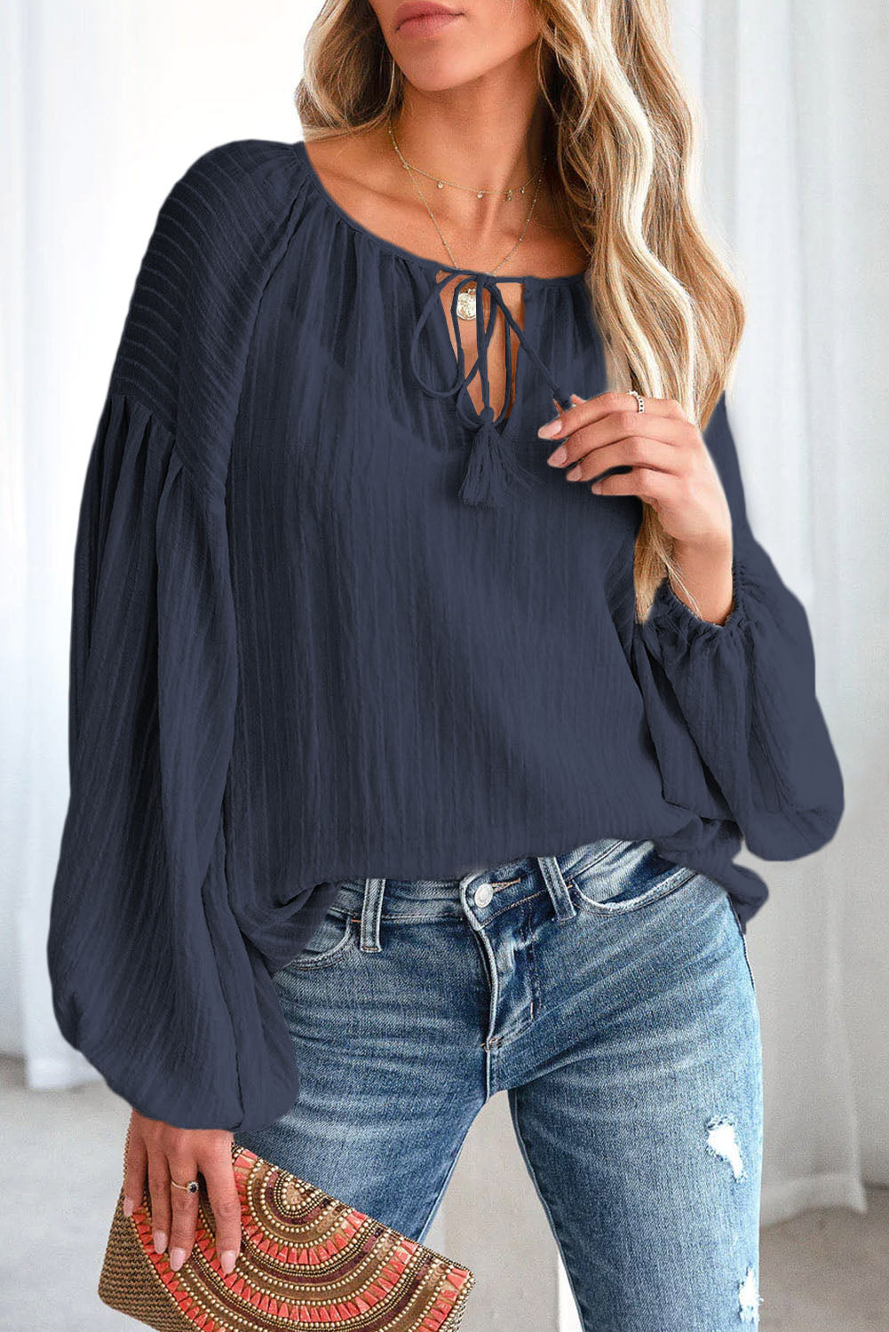 Tie Neck Dropped Shoulder Blouse